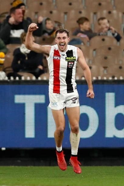 Daniel McKenzie of the Saints celebrates a goal during the round 15 AFL match between the Richmond Tigers and the St Kilda Saints at Melbourne...