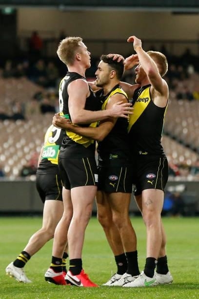 Shane Edwards of the Tigers celebrates a goal during the round 15 AFL match between the Richmond Tigers and the St Kilda Saints at Melbourne Cricket...