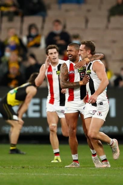 Luke Dunstan of the Saints celebrates a goal during the round 15 AFL match between the Richmond Tigers and the St Kilda Saints at Melbourne Cricket...