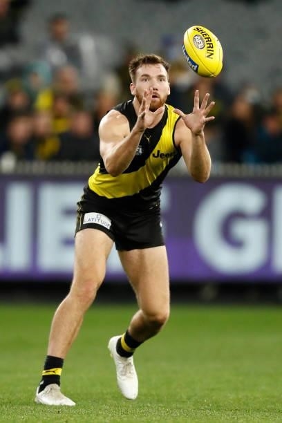 Noah Balta of the Tigers marks the ball during the round 15 AFL match between the Richmond Tigers and the St Kilda Saints at Melbourne Cricket Ground...