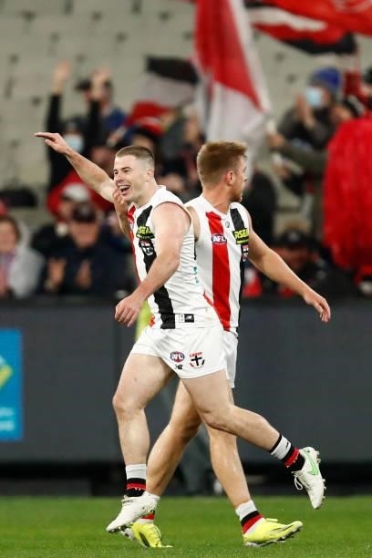 Jack Higgins of the Saints celebrates a goal during the round 15 AFL match between the Richmond Tigers and the St Kilda Saints at Melbourne Cricket...