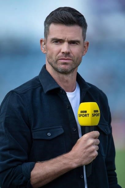 James Anderson works as a pundit on BBC Sport before the 2nd T20I between England and Sri Lanka at Sophia Gardens on June 24, 2021 in Cardiff, Wales.