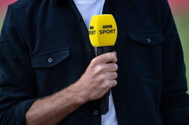Detail of the BBC Sport microphone as James Anderson works as a pundit before the 2nd T20I between England and Sri Lanka at Sophia Gardens on June...