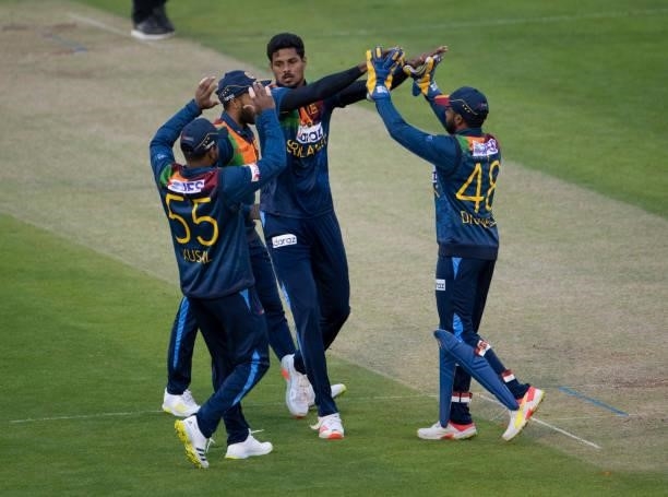 Binura Fernando of Sri Lanka celebrates with team mates after bowling Jonny Bairstow during the 2nd T20I between England and Sri Lanka at Sophia...