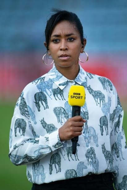 Ebony Rainford-Brent works as a pundit on BBC Sport before the 2nd T20I between England and Sri Lanka at Sophia Gardens on June 24, 2021 in Cardiff,...