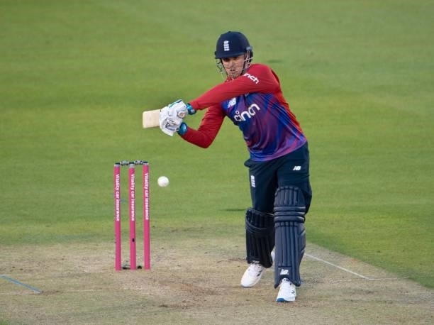 Jason Roy of England batting during the 2nd T20I between England and Sri Lanka at Sophia Gardens on June 24, 2021 in Cardiff, Wales.