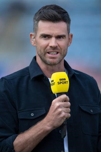 James Anderson works as a pundit on BBC Sport before the 2nd T20I between England and Sri Lanka at Sophia Gardens on June 24, 2021 in Cardiff, Wales.