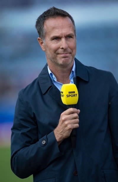 Michael Vaughan works as a pundit on BBC Sport before the 2nd T20I between England and Sri Lanka at Sophia Gardens on June 24, 2021 in Cardiff, Wales.