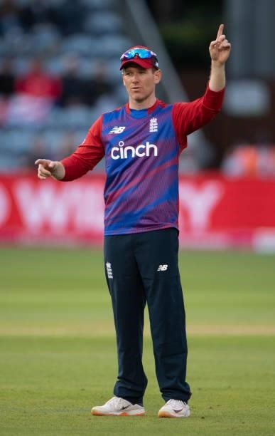 Eoin Morgan of England gives directions during the 2nd T20I between England and Sri Lanka at Sophia Gardens on June 24, 2021 in Cardiff, Wales.