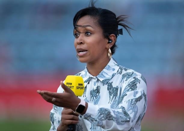 Ebony Rainford-Brent works as a pundit on BBC Sport before the 2nd T20I between England and Sri Lanka at Sophia Gardens on June 24, 2021 in Cardiff,...