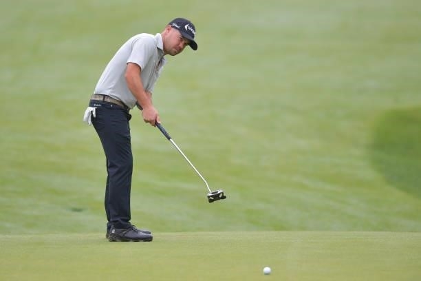 Brian Harman of the United States putts on the 13th green during the second round of the Travelers Championship at TPC River Highlands on June 25,...