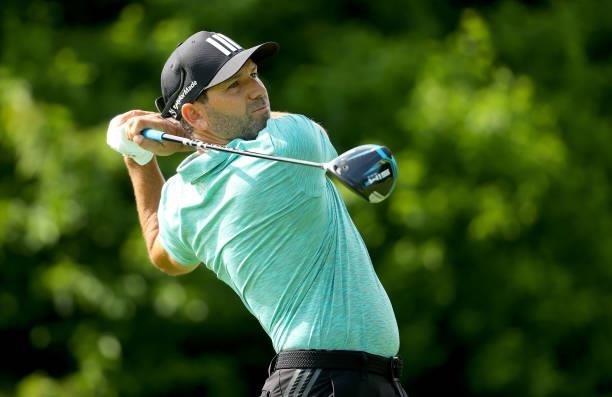 Sergio Garcia of Spain on the 15th tee during the second round of The BMW International Open at Golfclub Munchen Eichenried on June 25, 2021 in...