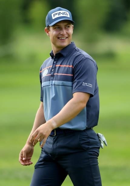 Calum Hill of Scotland on the 18th hole during the second round of The BMW International Open at Golfclub Munchen Eichenried on June 25, 2021 in...