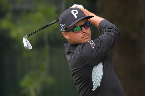 Rickie Fowler of the United States plays his shot from the eighth tee during the second round of the Travelers Championship at TPC River Highlands on...