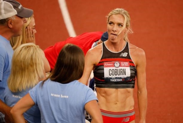 Emma Coburn celebrates after competing in the Women's 3,000 Meter Steeplechase Final on day seven of the 2020 U.S. Olympic Track & Field Team Trials...