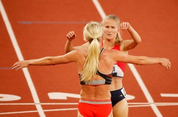 Courtney Frerichs and Emma Coburn hug after competing in the Women's 3,000 Meter Steeplechase Final on day seven of the 2020 U.S. Olympic Track &...