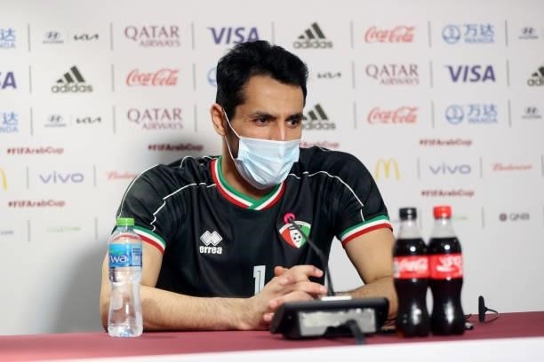 Khaled Alrashidi of Kuwait during a press conference after the FIFA Arab Cup 2021 Qualifying match between Bahrain and Kuwait at Khalifa...