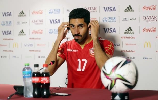 Abdulla Alhazaa of Bahrain during a press conference after the FIFA Arab Cup 2021 Qualifying match between Bahrain and Kuwait at Khalifa...