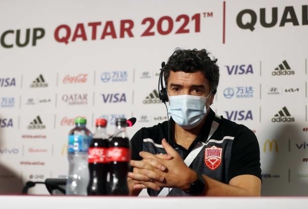 Helio Sousa, Head Coach of Bahrain during a press conference after the FIFA Arab Cup 2021 Qualifying match between Bahrain and Kuwait at Khalifa...