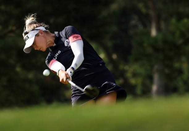 Nelly Korda plays her shot from the eighth tee during the second round of the KPMG Women's PGA Championship at Atlanta Athletic Club on June 25, 2021...