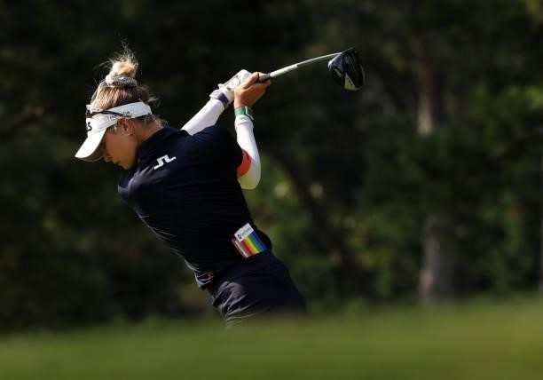 Nelly Korda plays her shot from the eighth tee during the second round of the KPMG Women's PGA Championship at Atlanta Athletic Club on June 25, 2021...