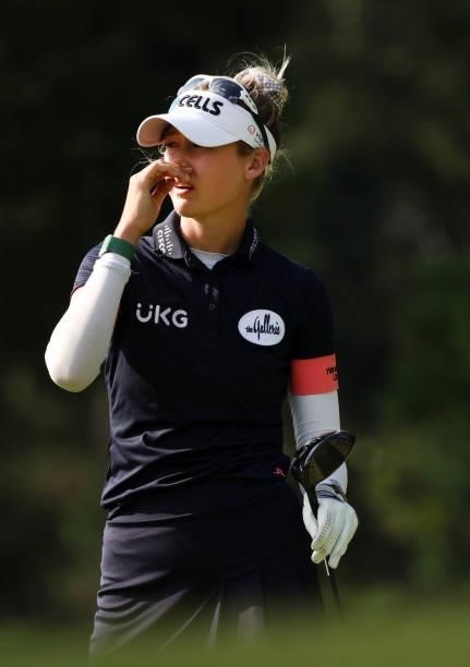 Nelly Korda reacts to her shot from the eighth tee during the second round of the KPMG Women's PGA Championship at Atlanta Athletic Club on June 25,...