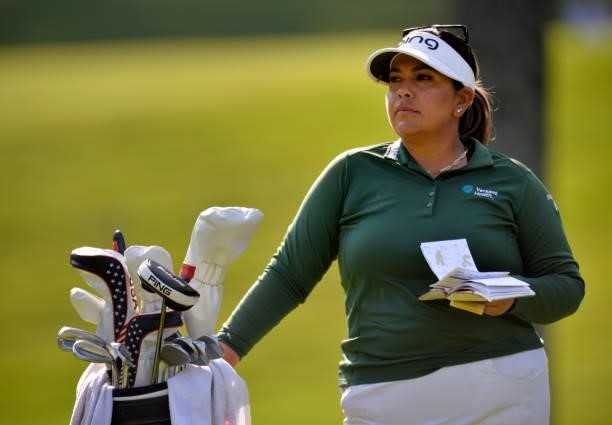 Lizette Salas reacts to her shot on the 15th hole during the second round of the KPMG Women's PGA Championship at Atlanta Athletic Club on June 25,...