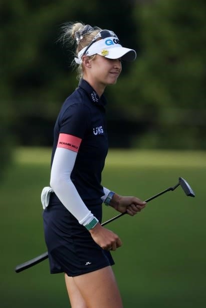 Nelly Korda reacts to her birdie putt on the eighth hole during the second round of the KPMG Women's PGA Championship at Atlanta Athletic Club on...