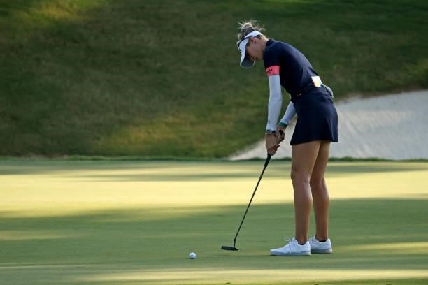 Nelly Korda putts for birdie on the ninth hole during the second round of the KPMG Women's PGA Championship at Atlanta Athletic Club on June 25, 2021...
