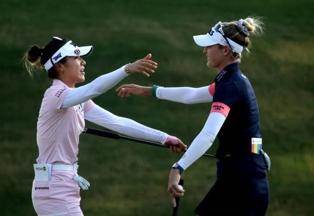 Nelly Korda and Lydia Ko of Australia hug on the ninth hole during the second round of the KPMG Women's PGA Championship at Atlanta Athletic Club on...