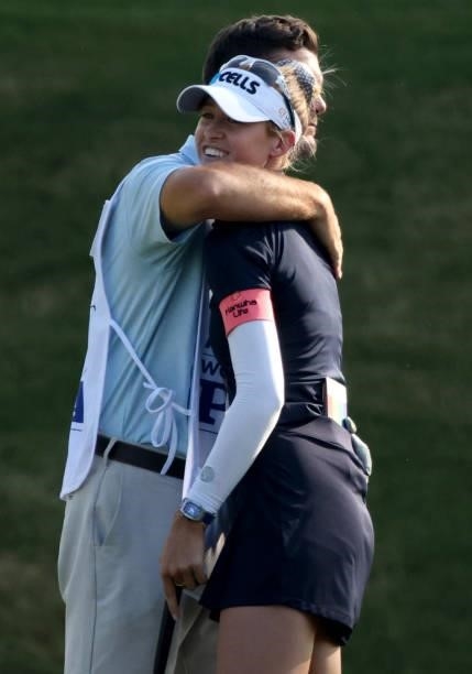 Nelly Korda reacts to her birdie putt on the ninth hole during the second round of the KPMG Women's PGA Championship at Atlanta Athletic Club on June...