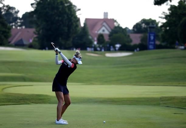 Nelly Korda plays her shot from the ninth tee during the second round of the KPMG Women's PGA Championship at Atlanta Athletic Club on June 25, 2021...