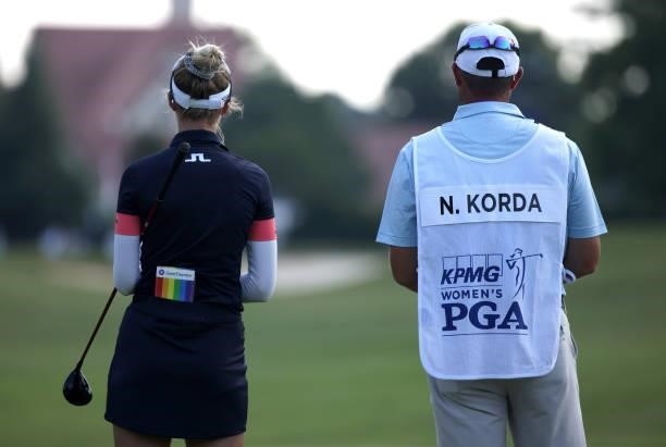 Nelly Korda prepares to play her shot from the ninth tee during the second round of the KPMG Women's PGA Championship at Atlanta Athletic Club on...