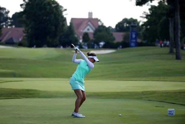 Georgia Hall of England plays her shot from the ninth tee during the second round of the KPMG Women's PGA Championship at Atlanta Athletic Club on...