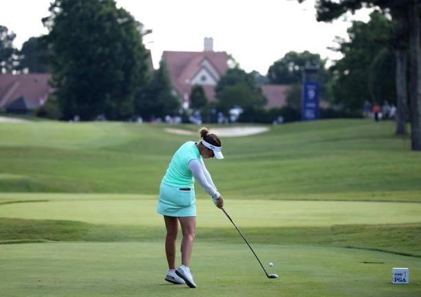 Georgia Hall of England plays her shot from the ninth tee during the second round of the KPMG Women's PGA Championship at Atlanta Athletic Club on...