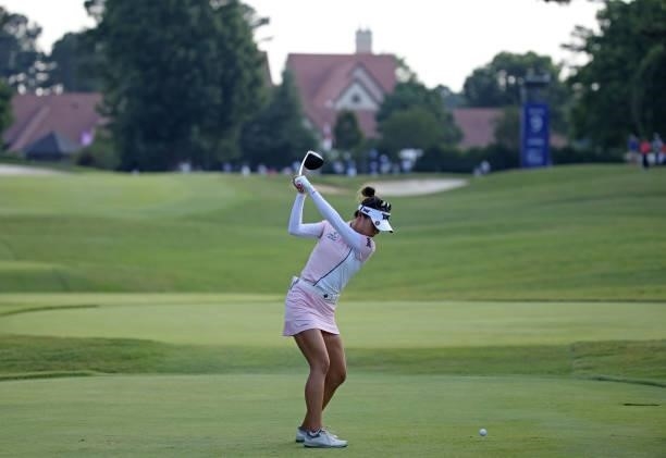 Lydia Ko of Australia plays her shot from the ninth tee during the second round of the KPMG Women's PGA Championship at Atlanta Athletic Club on June...