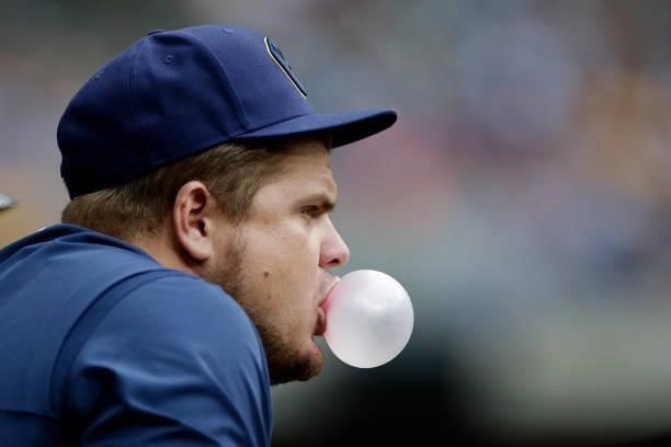 Daniel Vogelbach of the Milwaukee Brewers looks on in the sixth inning against the Colorado Rockies at American Family Field on June 25, 2021 in...