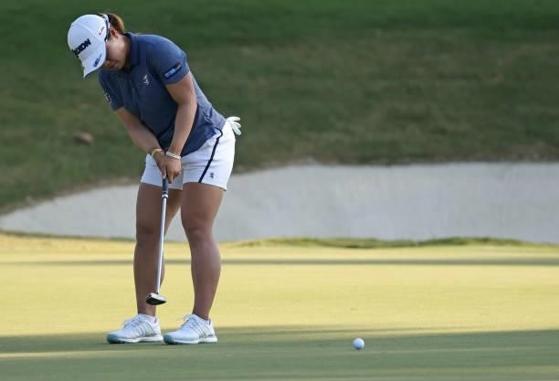 Nasa Hataoka of Japan reacts to her putt on the ninth hole during the second round of the KPMG Women's PGA Championship at Atlanta Athletic Club on...
