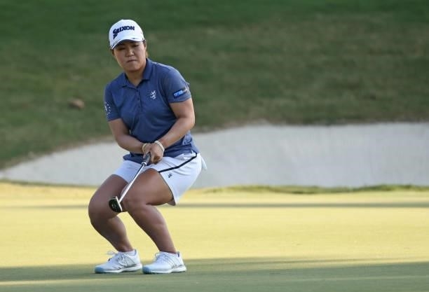 Nasa Hataoka of Japan reacts to her putt on the ninth hole during the second round of the KPMG Women's PGA Championship at Atlanta Athletic Club on...