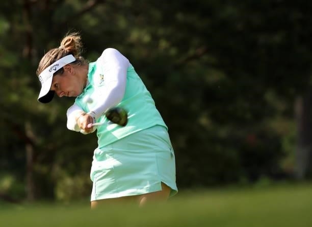 Georgia Hall of England plays her shot from the eighth tee during the second round of the KPMG Women's PGA Championship at Atlanta Athletic Club on...