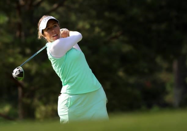 Georgia Hall of England plays her shot from the eighth tee during the second round of the KPMG Women's PGA Championship at Atlanta Athletic Club on...