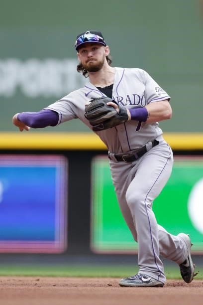 Brendan Rodgers of the Colorado Rockies throws out a runner against the Milwaukee Brewers at American Family Field on June 25, 2021 in Milwaukee,...