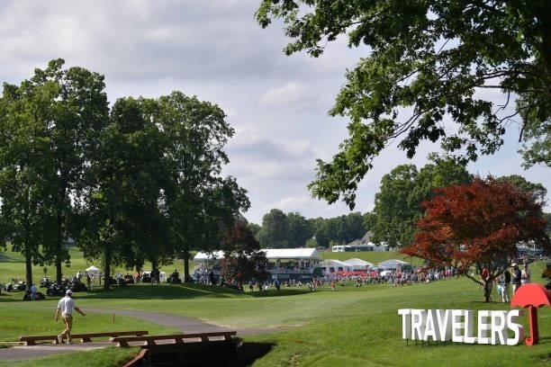 Bryson DeChambeau of the United States walks to the 15th fairway during the second round of the Travelers Championship at TPC River Highlands on June...
