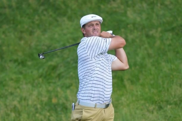 Bryson DeChambeau of the United States plays his shot from the 15th tee during the second round of the Travelers Championship at TPC River Highlands...
