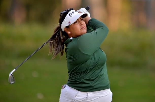 Lizette Salas plays her shot on the 17th hole during the second round of the KPMG Women's PGA Championship at Atlanta Athletic Club on June 25, 2021...