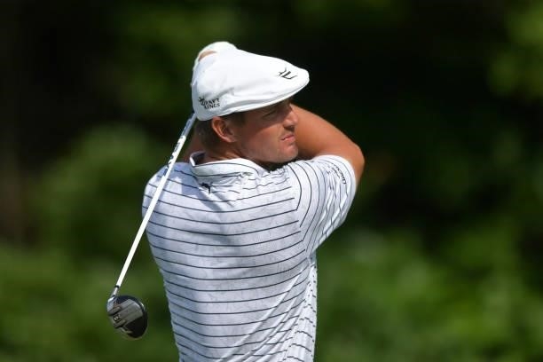 Bryson DeChambeau of the United States plays his shot from the 14th tee during the second round of the Travelers Championship at TPC River Highlands...