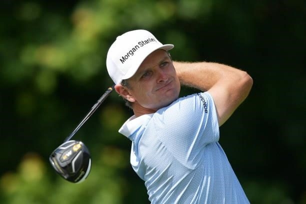 Justin Rose of England plays his shot from the 12th tee during the second round of the Travelers Championship at TPC River Highlands on June 25, 2021...