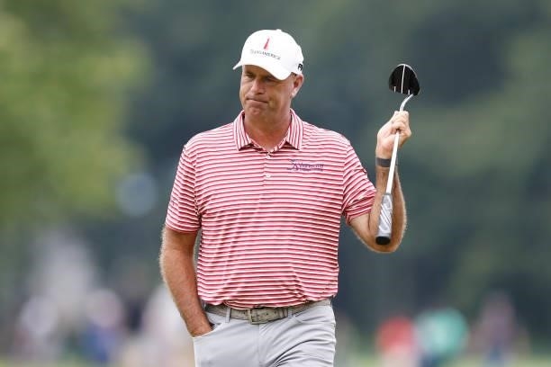 Stewart Cink of the United States reacts on the fifth green during the second round of the Travelers Championship at TPC River Highlands on June 25,...