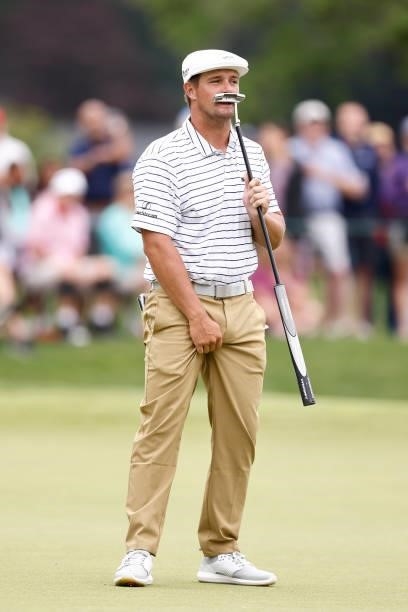 Bryson DeChambeau of the United States reacts to missing a putt on the fifth green during the second round of the Travelers Championship at TPC River...