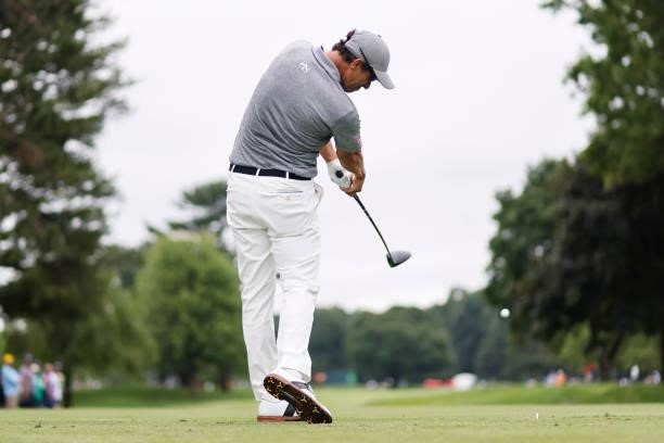 Adam Scott of Australia plays his shot from the sixth tee during the second round of the Travelers Championship at TPC River Highlands on June 25,...
